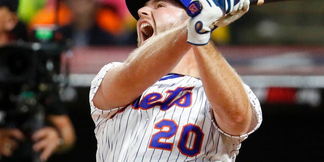 Pete Alonso, of the New York Mets, reacts during the Major League Baseball Home Run Derby, Monday, July 8, 2019, in Cleveland. 