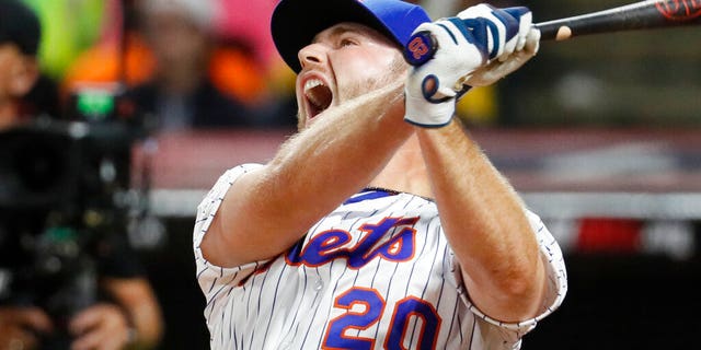 Pete Alonso, of the New York Mets, reacts during the Major League Baseball Home Run Derby, Monday, July 8, 2019, in Cleveland.