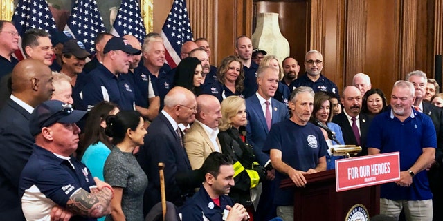 Jon Stewart, speaking at a news conference on behalf of 9/11 victims and families earlier this month. (AP Photo/Matthew Daly)