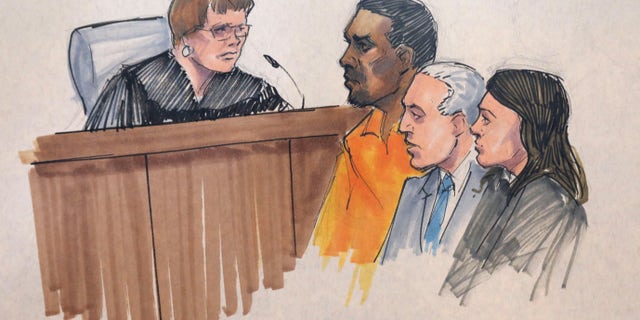 In this courtroom sketch, R&B singer R. Kelly, center, appears before U.S. Magistrate Shelia M. Finnegan, left, in U.S. District Court for the Northern District of Illinois. Friday, July 12, 2019, in Chicago. Also standing with Kelly is his attorney Steve Greenberg and an unidentified prosecutor.