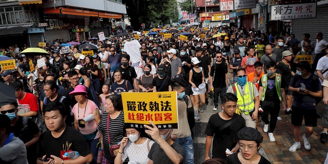 Protesters hold up words that read: "Strict enforcing of law against smugglers of grey goods" in Hong Kong Saturday, July 13, 2019. Several thousand people are marching in Hong Kong against traders from mainland China in what is fast becoming a summer of unrest in the semi-autonomous Chinese territory. (AP Photo/Kin Cheung)