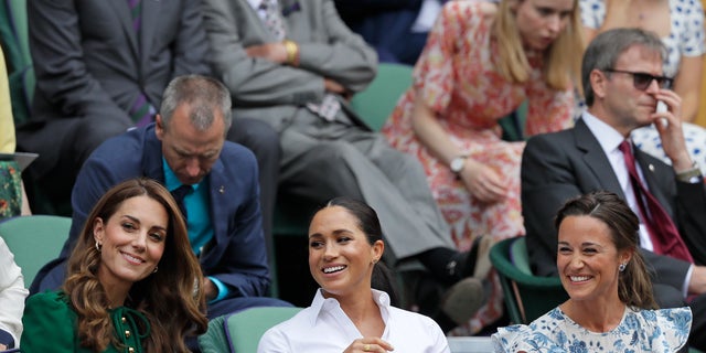 Kate, Duchess of Cambridge; Meghan, Duchess of Sussex; and Pippa Matthews, from left to right, in the women's singles final at Wimbledon. 