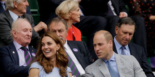 Prince William and Kate, Duchess of Cambridge sit in the Royal Box to watch the men's singles final match of the Wimbledon Tennis Championships in London, Sunday, July 14, 2019. (AP Photo/Tim Ireland)