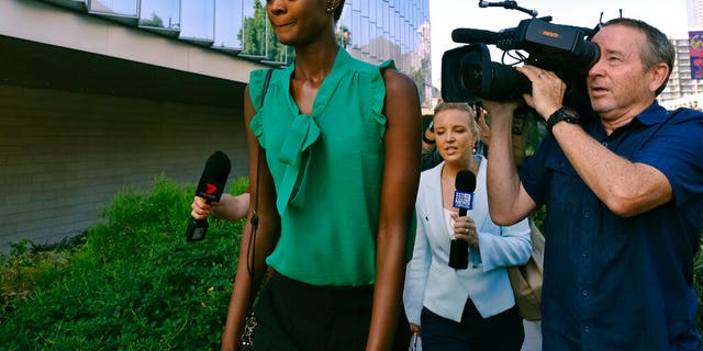 Adau Mornyang arrives at the Federal Courthouse in downtown Los Angeles on Monday, July 15, 2019. The model and former Miss World Australia finalist were sentenced to probation and community service.