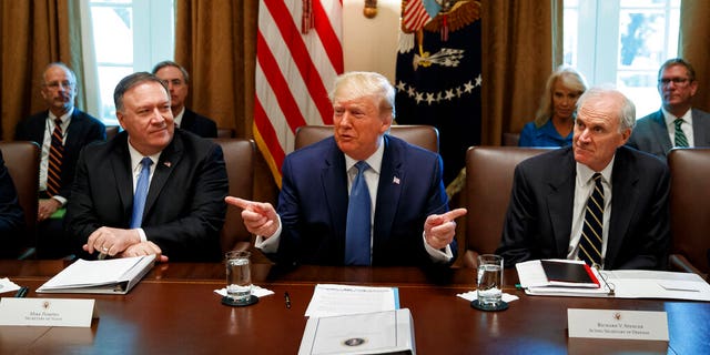 President Donald Trump speaks during a Cabinet meeting in the Cabinet Room of the White House, Tuesday, July 16, 2019, in Washington. Trump is accompanied by Secretary of State Mike Pompeo, left, and acting Defense Secretary Richard Spencer. (AP Photo/Alex Brandon)