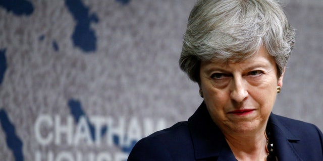 Britain's Prime Minister Theresa May speaks at Chatham House in London, Wednesday July 17, 2019.