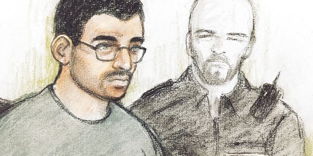 Court artist sketch of Hashem Abedi in the dock at Westminster Magistrates' Court where he is appearing following his extradition from Libya, in London, Thursday July 18, 2019.