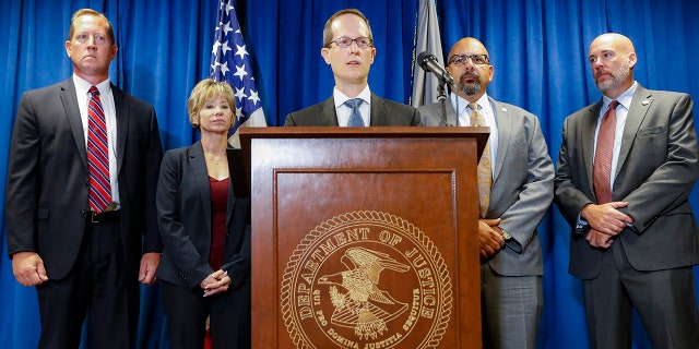 Benjamin Glassman, United States Attorney of the Southern District of Ohio, speaks during a news conference, Thursday. Federal authorities say Miami-Luken, an Ohio-based wholesale drug distributor that's been linked before to the opioid drug crisis, has been charged in a painkiller pill conspiracy cases. (AP Photo/John Minchillo)