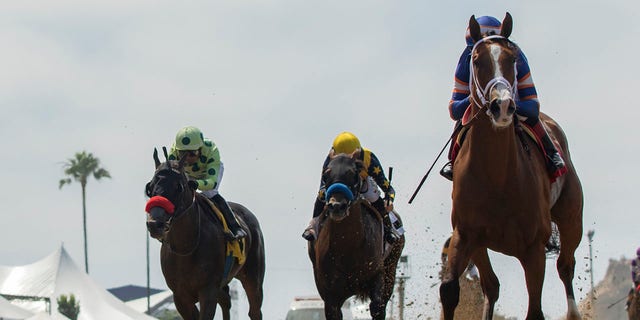 In this image provided by Benoit Photo, Lieutenant Dan, right, with Drayden Van Dyke aboard, outlegs Oliver, left, with Martin Garcia aboard, and Cruel Intention, center, with Joseph Talamo aboard, to win the $150,000 Real Good Deal Stakes horse race Saturday, July 27, 2019, at Del Mar Thoroughbred Club in Del Mar, Calif. (Benoit Photo via AP)