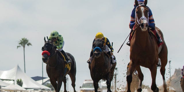In this image provided by Benoit Photo, Lieutenant Dan, right, with Drayden Van Dyke aboard, outlegs Oliver, left, with Martin Garcia aboard, and Cruel Intention, center, with Joseph Talamo aboard, to win the $150,000 Real Good Deal Stakes horse race Saturday, July 27, 2019, at Del Mar Thoroughbred Club in Del Mar, Calif. (Benoit Photo via AP)