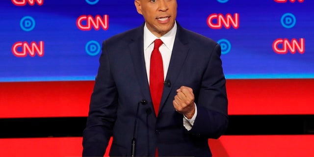 Sen. Cory Booker, D-N.J., participates in the second of two Democratic presidential primary debates hosted by CNN Wednesday, July 31, 2019, in the Fox Theatre in Detroit. (AP Photo/Paul Sancya)