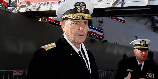 Vice Chief of Naval Operations, Admiral William Moran, describes the function of the USS Thomas Hudner prior to its commissioning ceremony in Boston in 2018. (AP)