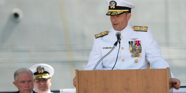 Adm. William Moran speaks during the Commissioning of the USS Montgomery in Mobile, Ala, in 2016. (AP)