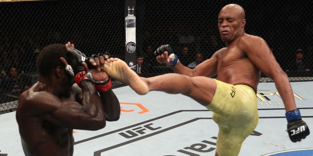 Anderson Silva of Brazil kicks Jared Cannonier in their middleweight bout during the UFC 237 event at Jeunesse Arena on May 11, 2019 in Rio De Janeiro, Brazil. (Photo by Buda Mendes/Zuffa LLC/Zuffa LLC via Getty Images)