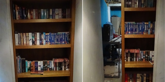 This innocent-looking bookshelf hides a secret door to a Colombian gang's high-tech drugs lab that lies in a suburban home.