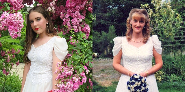 Grace Jeyes, left, recently dazzled at the big dance when she arrived in a white wedding gown once worn by her mother Dawn, pictured right.