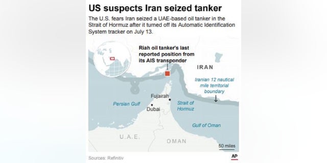 American defense officials suspect Iran may have seized a small oil tanker traveling near the Islamic Republic.