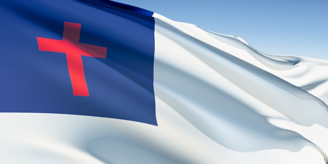 Christian flag waving in the wind. Elaborate rendering including motion blur and even a fabric texture (visible at 100%).