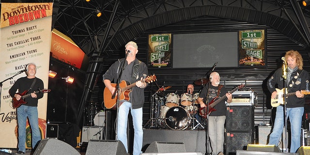 Rusty Hendrix, Danny Shirley, Mark Dufresne, Wayne Secrest and Bobby Randall of Confederate Railroad perform at the Fremont Street Experience in 2014.