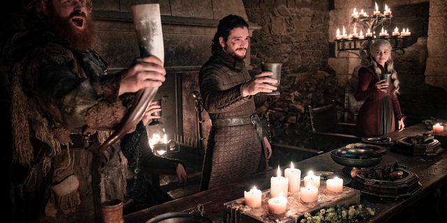 FILE - This image released by HBO shows Kristofer Hivju, from left, Kit Harington and Emilia Clarke in a scene from "Game of Thrones."