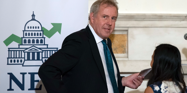 In this Friday, Oct. 20, 2017 photo, British Ambassador Kim Darroch hosts a National Economists Club event at the British Embassy in Washington. Leaked diplomatic cables published Sunday, July 7,2 019, in a British newspaper reveal that Britain's ambassador to the United States described President Donald Trump's administration as "clumsy and inept" while grappling with international problems. (AP Photo/Sait Serkan Gurbuz)
