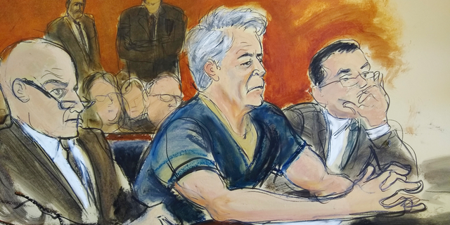 In this courtroom artist's sketch, defendant Jeffrey Epstein, center, sits with attorneys Martin Weinberg, left, and Marc Fernich during his arraignment in New York federal court, Monday, July 8, 2019. Epstein pleaded not guilty to federal sex trafficking charges. The 66-year-old is accused of creating and maintaining a network that allowed him to sexually exploit and abuse dozens of underage girls from 2002 to 2005. (Elizabeth Williams via AP)