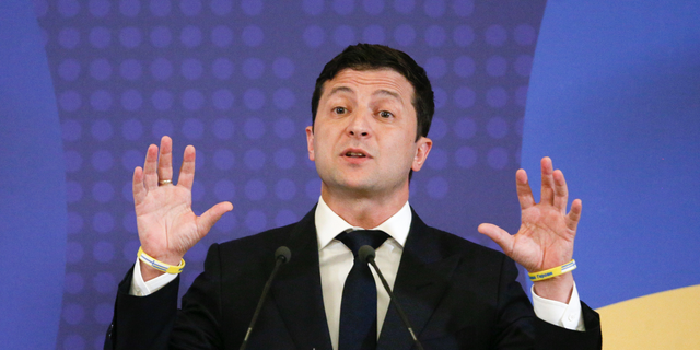 Ukrainian President Volodymyr Zelenskiy, speaks during the EU-Ukraine summit press conference in Kiev, Ukraine, Monday, July 8, 2019. ( AP Photo/Efrem Lukatsky)