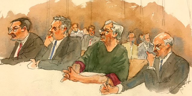 In this courtroom sketch, defendant Jeffrey Epstein, second from right, listens along with defense attorneys at a court hearing last month. (Aggie Kenny via AP)