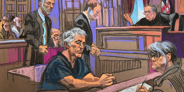 A courtroom sketch of Jeffrey Epstein's hearing last Monday.