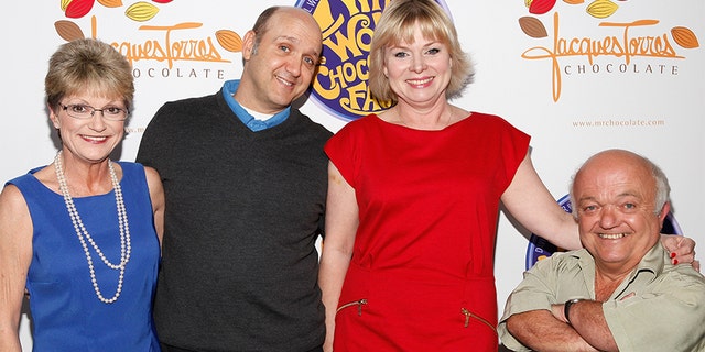 Denise Nickerson, Paris Themmen, Julie Cole, and Rusty Goff attend the 40th Anniversary of Willy Wonka & The Chocolate Factory at Jacques Torres Chocolates on Oct. 18, 2011 in New York City. (Photo by Cindy Ord/Getty Images)