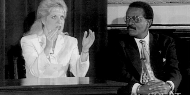 Nancy Grace and Johnnie Cochran as seen on Court TV's 5th Anniversary Special "Justice In America: Perception vs. Reality." The program aired live on July 1, 1996, from the Association of the Bar of the City of New York. (Photo by Evan Agostini / Liaison Agency)