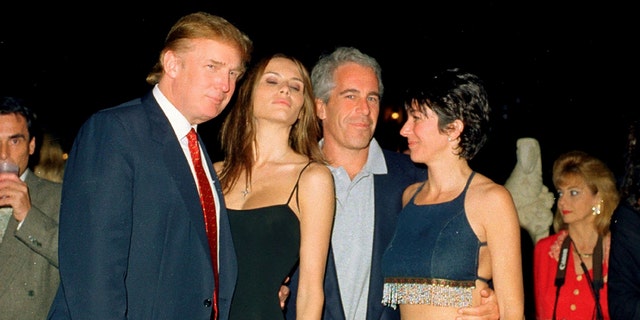 From left American real estate developer Donald Trump and his girlfriend, former model Melania Knauss financier Jeffrey Epstein and British socialite Ghislaine Maxwell pose together at the Mar-a-Lag