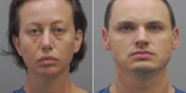 Mugshots for Angelina Hamrick, 32, and Andrew Clark, 33, arrested Saturday in the death of Hamrick's husband. Clark serves in the Air Force in Texas.