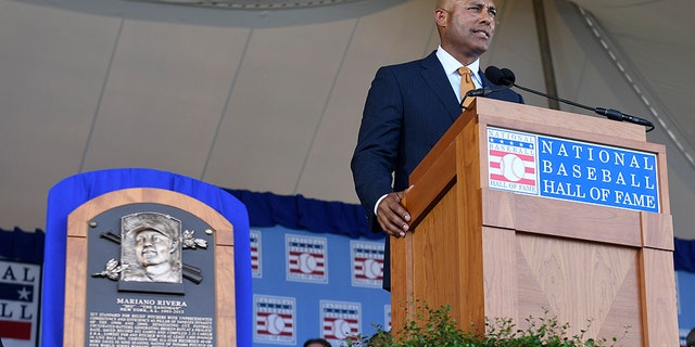 National Baseball Hall of Fame inductee Mariano Rivera speaking at the Clark Sports Center on Sunday in Cooperstown, N.Y. (AP Photo/Hans Pennink)