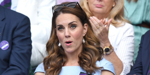 LONDON, ENGLAND - JULY 14: Catherine, Duchess of Cambridge in the Royal Box on the center court at the men's finals day of the Wimbledon Tennis Championships at the All England Lawn Tennis and Croquet Club on July 14, 2019 in London, England . (Photo by Karwai Tang / Getty Images)