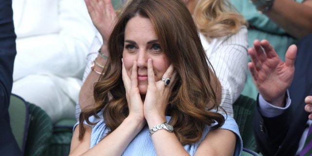 Catherine, Duchess of Cambridge in the Royal Box on the center court at the men's finals at the Wimbledon Tennis Championships at All England Lawn Tennis and Croquet Club on July 14, 2019 in London, England.