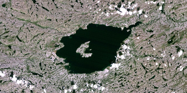 True color satellite image of Mistastin impact structure, Labrador, Canada. (Photo by Planet Observer/Universal Images Group via Getty Images)