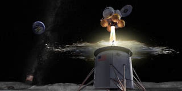 Artist's rendering of an ascent vehicle separating from a descent vehicle and departing the lunar surface.