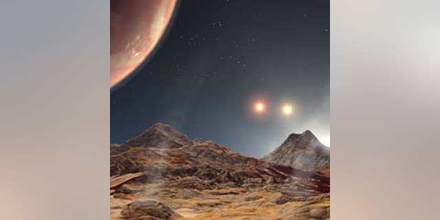 File image - artist's animation shows the view from a hypothetical moon in orbit around HD 188753 Ab, the first known planet to reside in a tight-knit triple-star system.