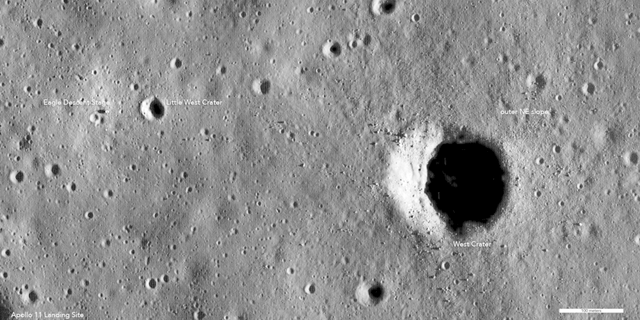 This image shows the Lunar Module descent stage and the astronaut tracks. (NASA / Goddard / Arizona State University)