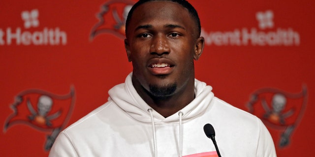 Tampa Bay Buccaneers linebacker Devin White answers a question during a news conference before the start of an NFL football training camp Thursday, July 25, 2019, in Tampa, Fla. The Bucs open their training camp on Friday. (AP Photo/Chris O'Meara)
