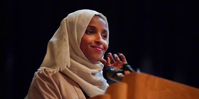 U.S. Rep. Ilhan Omar, D-Minn., holds a 'Medicare-for-all' town hall with other lawmakers, Thursday, July 18, 2019, in Minneapolis. (Richard Tsong-Taatarii/Star Tribune via AP)