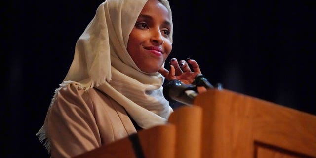 U.S. Rep. Ilhan Omar, D-Minn., holds a "Medicare-for-all" town hall with other lawmakers on July 18, 2019, in Minneapolis. 