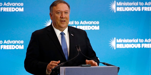 Secretary of State Mike Pompeo speaks at the Ministerial to Advance Religious Freedom, Tuesday, July 16, 2019, at the U.S. State Department in Washington. (AP Photo/Patrick Semansky)
