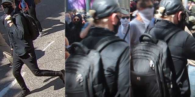 A man with a black leather-type baseball hat is sought in connection with the violence in Portland on Saturday.