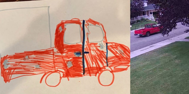 A photo of suspect vehicle drawn by a 9-year-old girl in Utah, and the truck police were able to identify in a surveillance video.