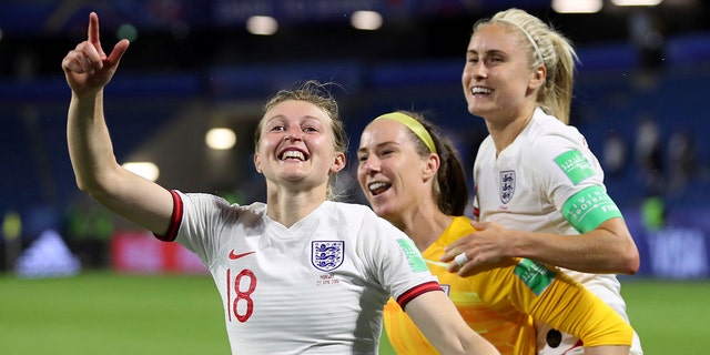 England's Ellen White, left, celebrates with teammates Karen Bardsley, center, and Steph Houghton, right, during the Women's World Cup quarterfinal soccer match between Norway and England at the Oceane stadium in Le Havre, France, Thursday, June 27, 2019. (AP Photo/Francisco Seco)