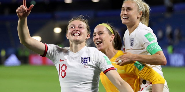 England's Ellen White, left, celebrates with teammates Karen Bardsley, center, and Steph Houghton, right, during the Women's World Cup quarterfinal soccer match between Norway and England at the Oceane stadium in Le Havre, France, Thursday, June 27, 2019. (AP Photo/Francisco Seco)