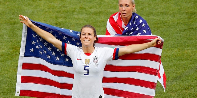 United States' Kelley O Hara celebrates winning the Women's World Cup final soccer match between US and The Netherlands at the Stade de Lyon in Decines, outside Lyon, France, Sunday, July 7, 2019. (AP Photo/Francois Mori)