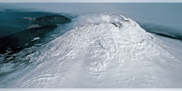 An aerial view of Mount Michael Volcano.